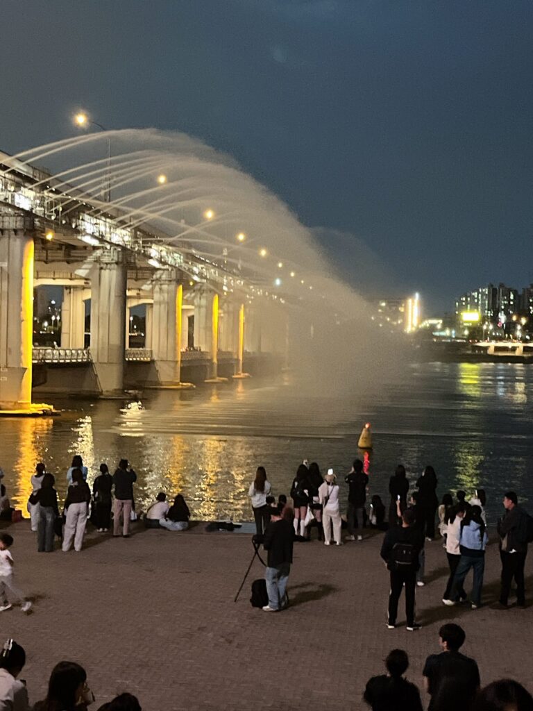 盤浦大橋「月光レインボー噴水」
流れるような水の動きと合わさって非常に幻想的な景色を作り出していました