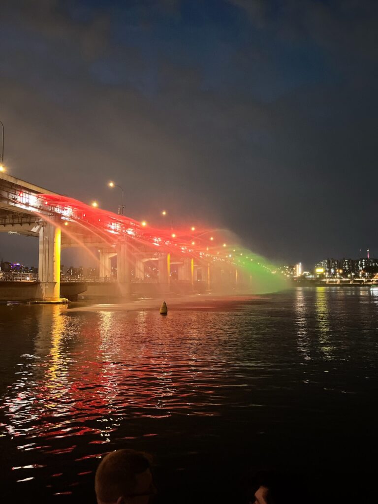 盤浦大橋「月光レインボー噴水」
水際にいちばん近い、川沿いの堤防沿いからの素晴らしい大迫力の眺め