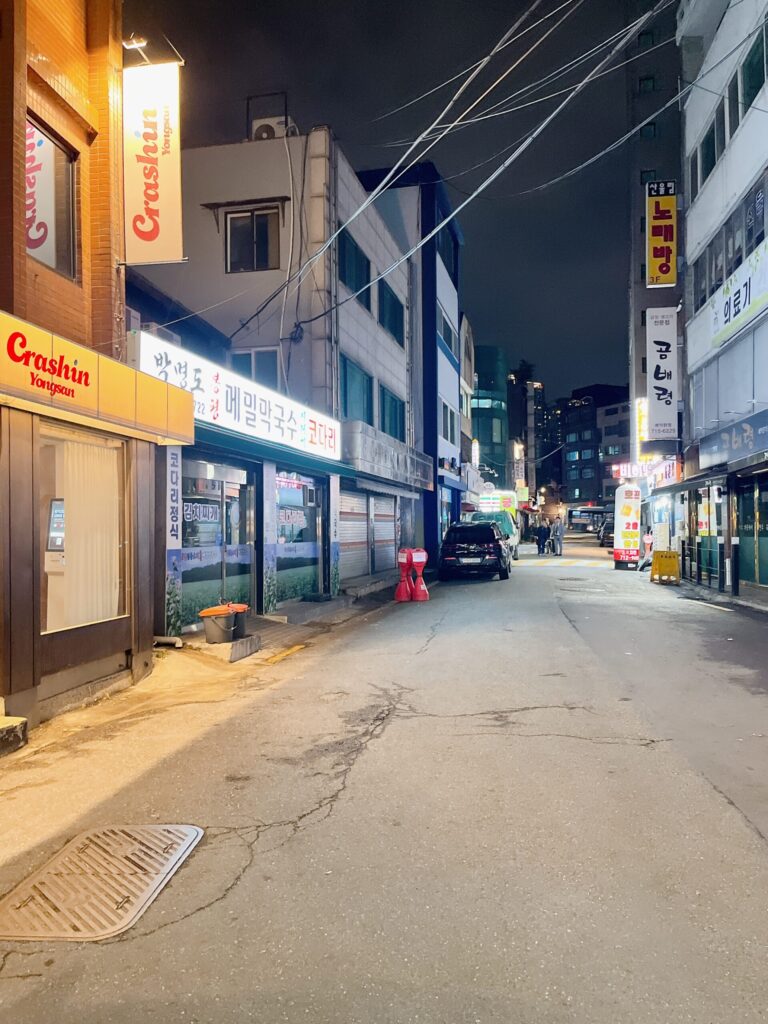 クラッシュイン龍山
夜10時を過ぎると周辺のお店が閉まり人通りが落ち着く印象の通りです
ひとり女子のかたは早めの帰宅が安心ですよ