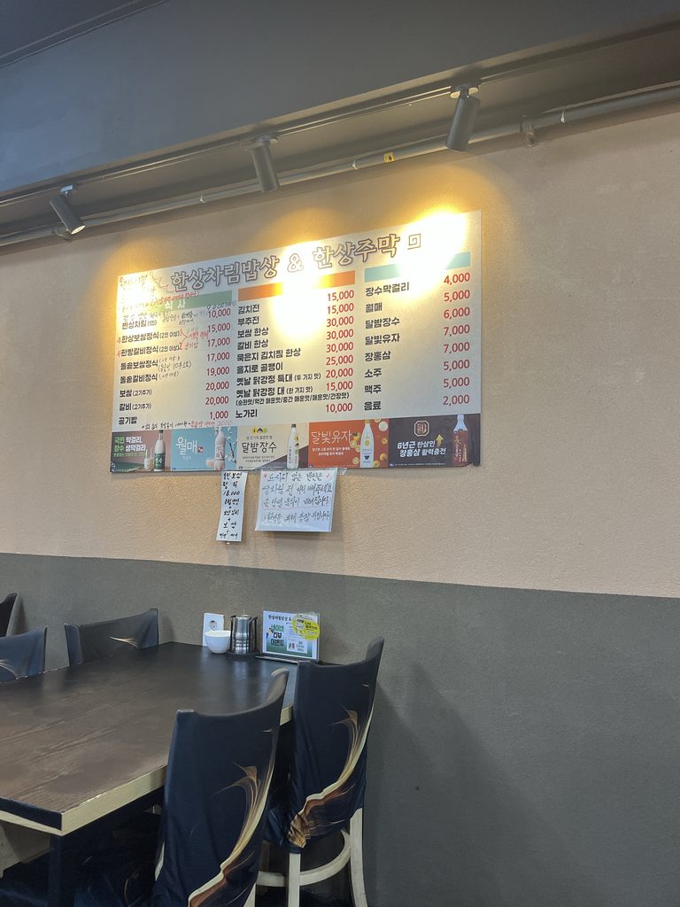 ハンサンチャリムパプサン（한상차림밥상）ポッサム店壁にかけられているメニューの案内表です