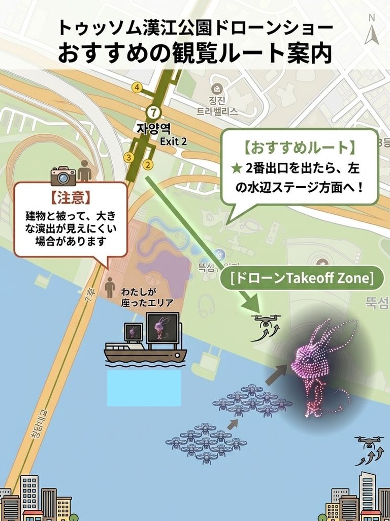 漢江ドローンライトショー｜紫陽駅2番出口を出たら「左手」の水辺ステージや 音楽噴水がある方向へ向かって進むのがおすすめルートです